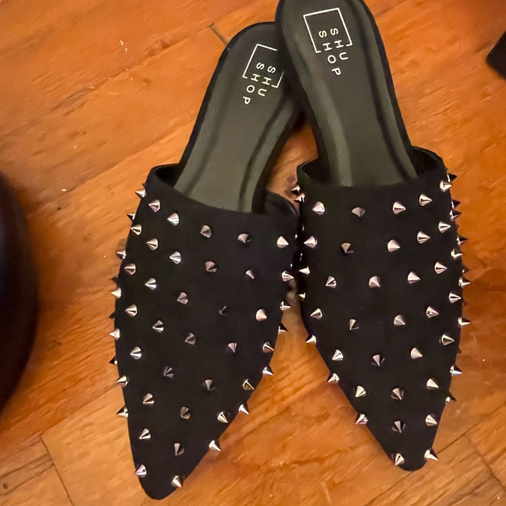 ShuShop black suede mules with silver spikes